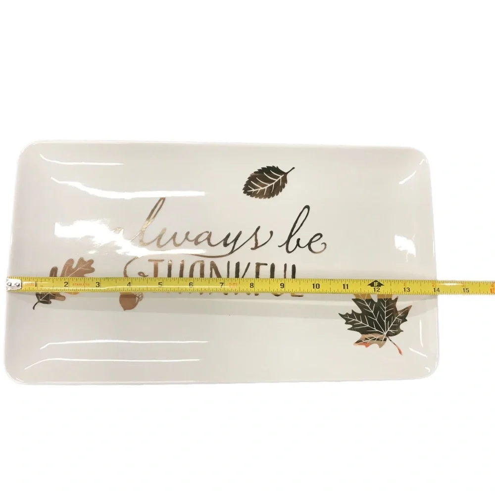 Pier 1 “Always Be Thankful” Porcelain Gold Thanksgiving Platter Rectangular 8x14